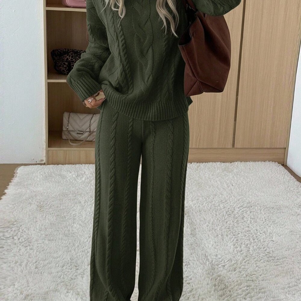 Army Green Casual Women's Crew Neck Long Sleeve Sweater And Pants Set - Picture 4 of 5
